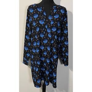 LOFT Dress Womens Medium Black Blue Floral V Neck‎ Long Sleeve Shift Knit Work